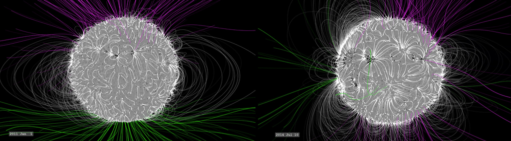 Duas imagens lado e lado que demosntra a comparação da complexidade relativa do campo magnético solar entre Janeiro de 2011 (esquerda) e Julho de 2014.