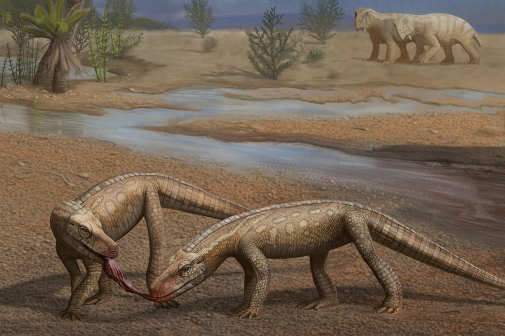 Paisagem do Triássico Superior do sul do Brasil representando um grande Prestosuchus chiniquensis alimentando-se da carcaça de um dicinodonte enquanto indivíduos de Parvosuchus aurelioi competem por restos.