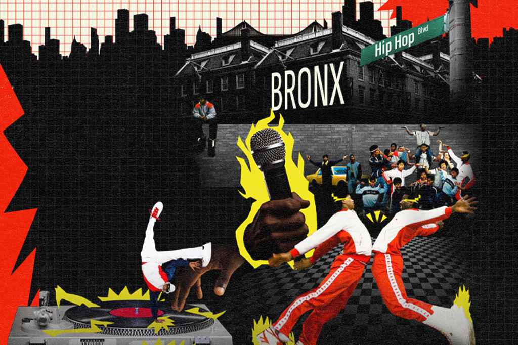 Colagem com elementos da cena do hip hop e breaking de Nova York dos anos 1970.