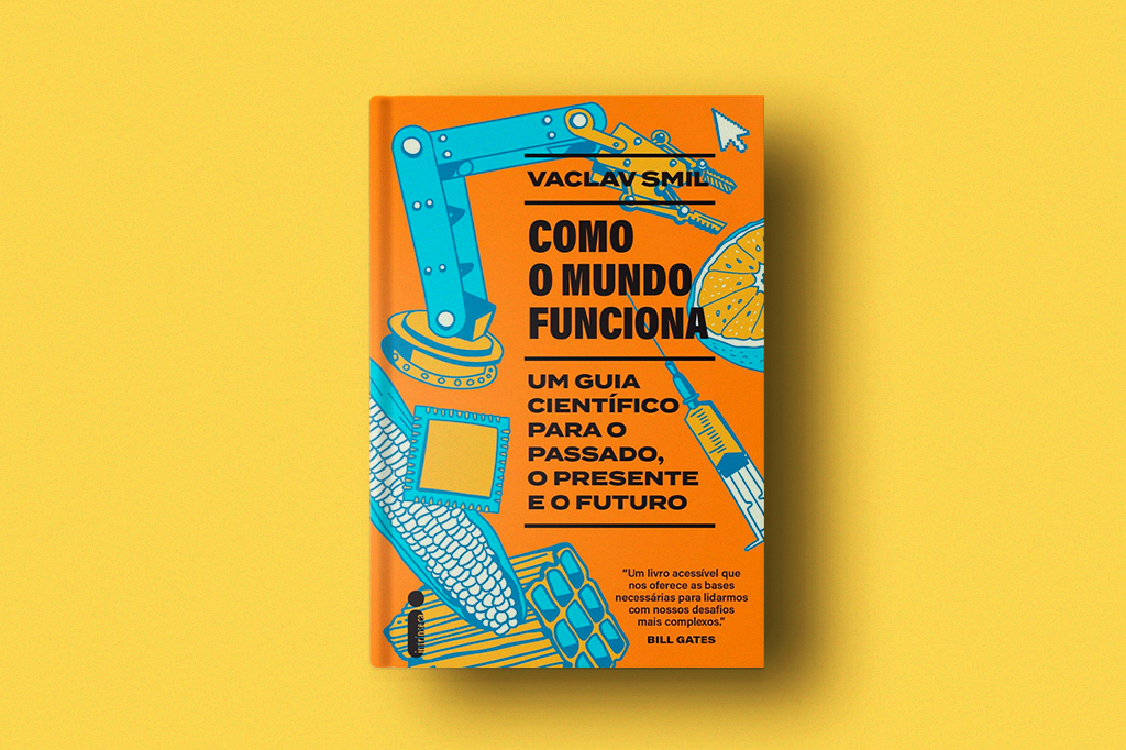 Imagem do livro Como o mundo funciona: Um guia científico para o passado, o presente e o futuro em fundo amarelo.