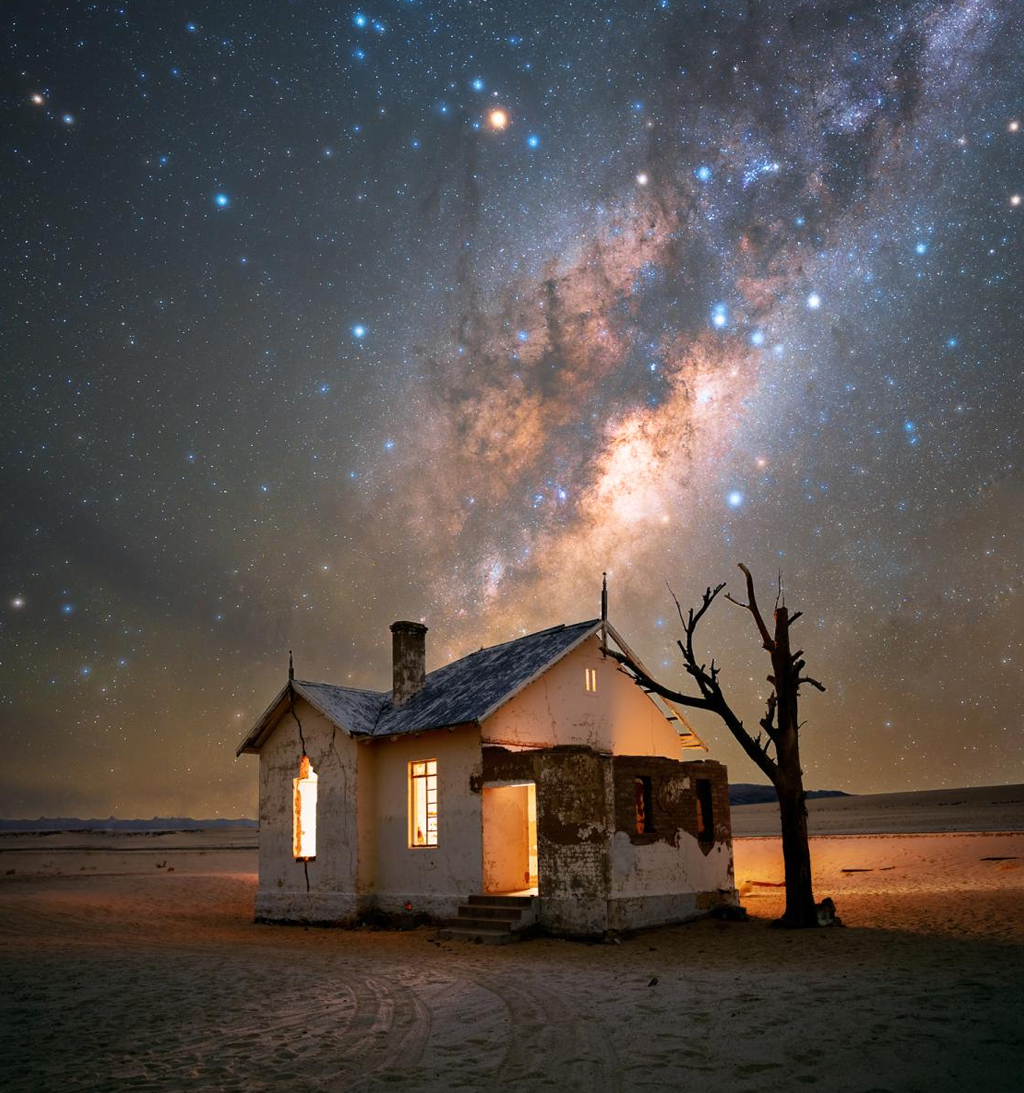 Casa abandonada no meio do deserto da Namíbia e, logo acima dela, a Via Láctea.