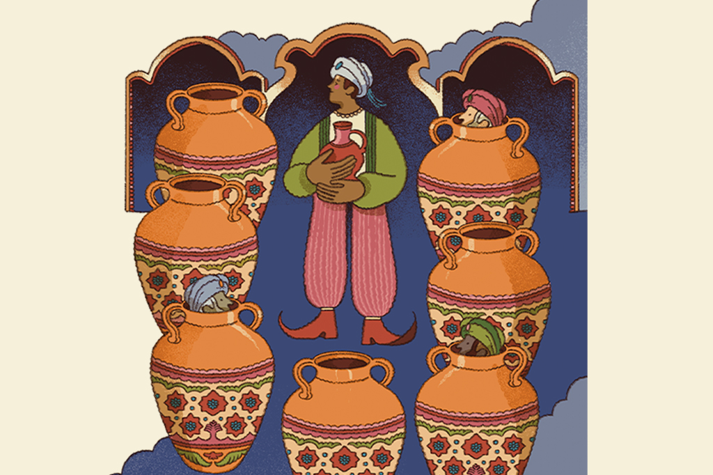 Ilustração da história de Ali Baba e os 40 Ladrões. Na cena, vemos o Ali Baba cercado por barris de vinho, onde ladrões estão escondidos.