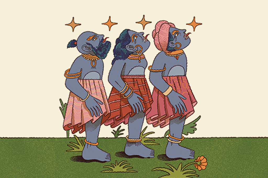 Ilustração de três criaturas folclóricas chamadas Nasnas.