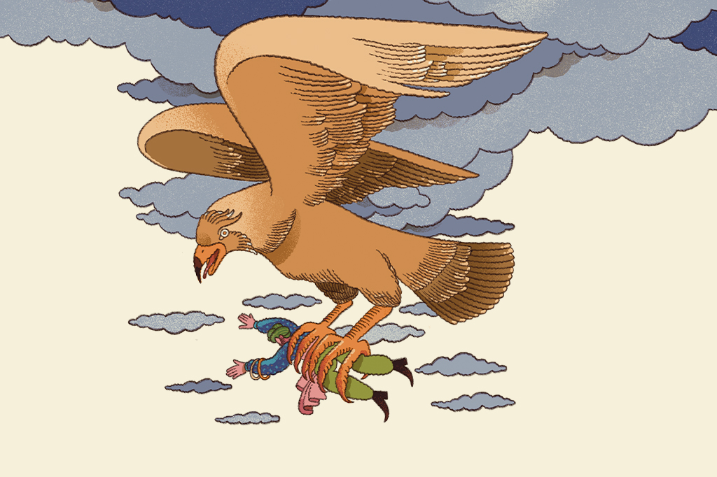 Ilustração da história de Simbad, O Marujo. Na cena, vemos uma águia gigante o carregando pelos ares.