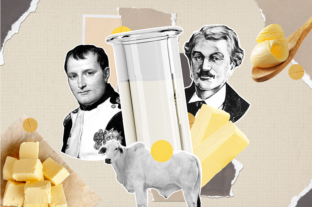 Colagem com Napoleão III, Hippolyte Mège-Mouriès, sebo de boi, boi, margarina e uma colher com margarina, com retalhos de papéis entorno.