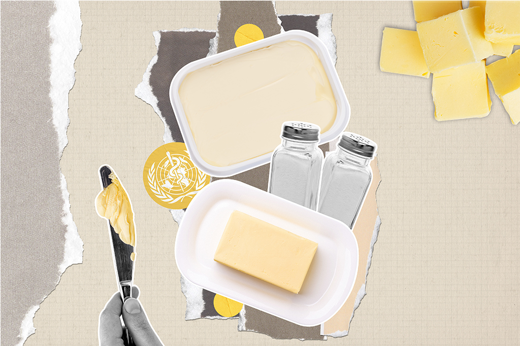 Colagem com margarina, manteiga, faca com manteiga, sal e o símbolo da OMS, com retalhos de papéis envolta.