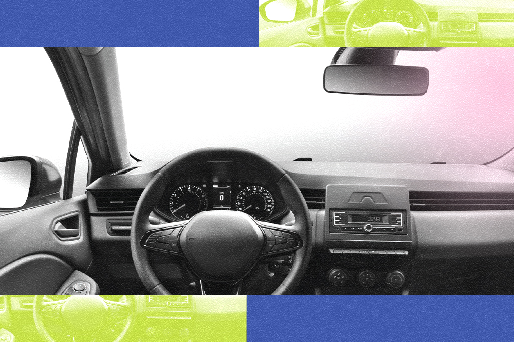 Colagem com imagem interna de um carro.