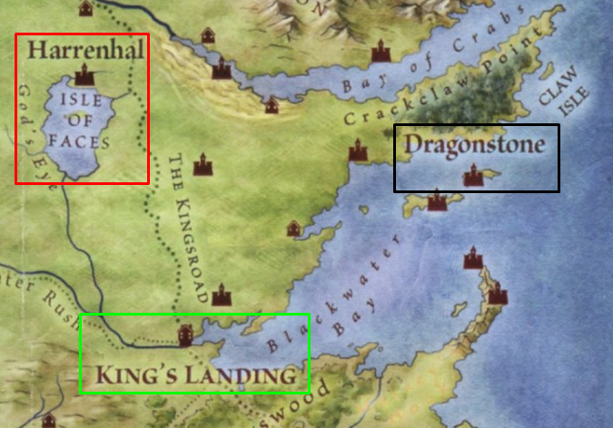 Mapa de Westeros, destacando localização de Harrenhal, King's Landing e Dragonstone.