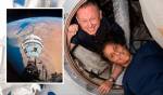 Montagem com fotos dos astronautas Butch Wilmore e Sunita Williams com uma SpaceX Dragon capsula.