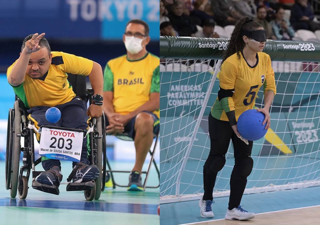 À esquerda, um atleta paralímpico de bocha. À direita, uma atleta paralímpica de goalball.