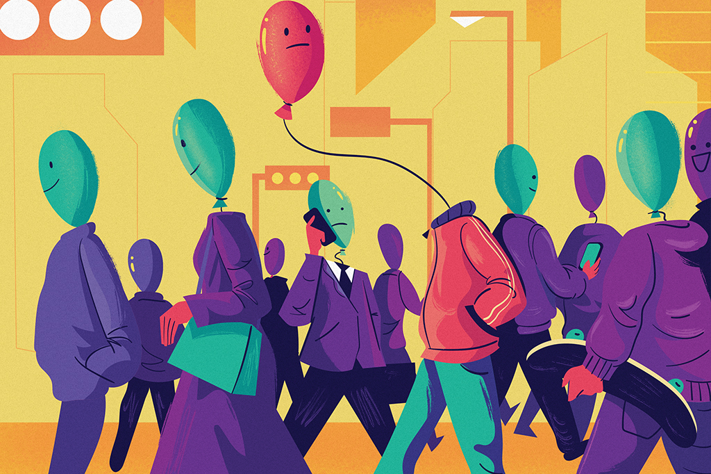 Ilustração de várias pessoas atravessando a rua. Em todas elas, suas cabeças são em formato de balão. Há apenas uma pessoa em que o balão flutua mais distante do corpo.