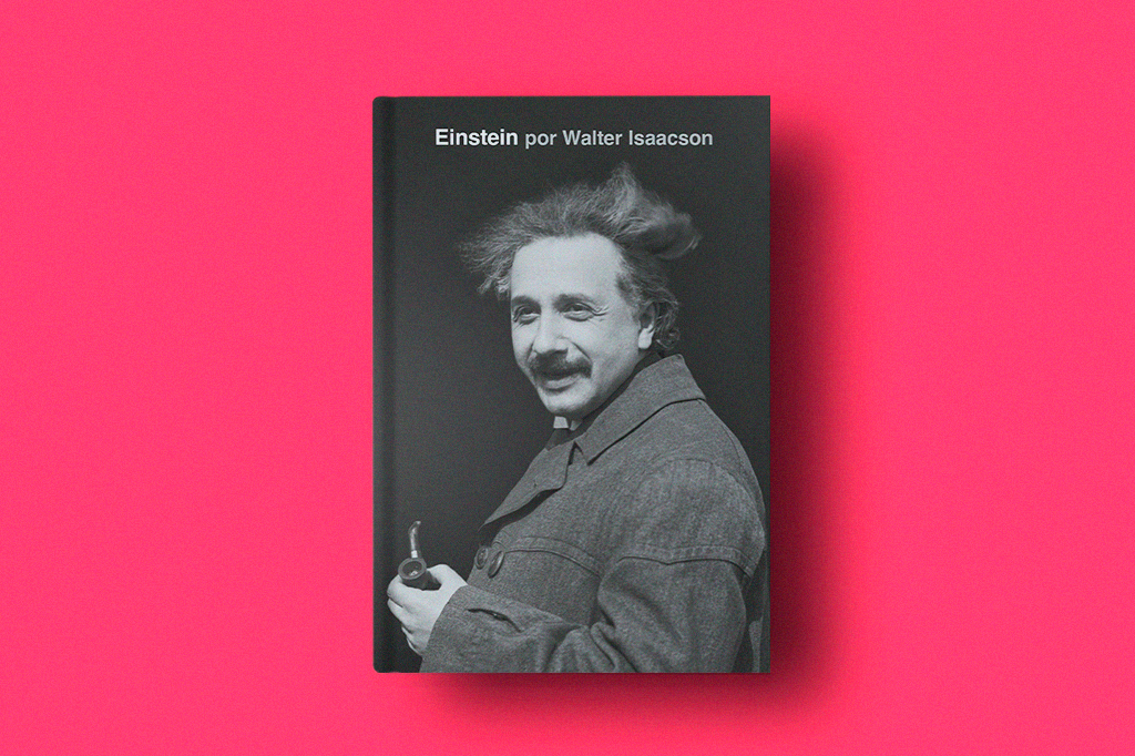 Livro Einstein em fundo rosa