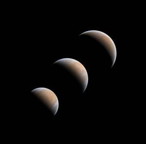 1609-astronomy-photographer-Tom-Williams(2) Esta composição em cores falsas mostra as fases de Vénus na aproximação à conjunção inferior, quando Vénus e a Terra aparecem próximos do mesmo lado do Sol. Usando filtros ultravioleta e infravermelho, a intrincada estrutura das nuvens na atmosfera superior do planeta é revelada. Apesar do período de rotação de Vênus durar muitos meses, a atmosfera está longe de ser estacionária, circundando o planeta em cerca de quatro dias. Isto torna a imagem UV de Vênus particularmente interessante, pois o planeta é muito mais dinâmico do que seria se visto no espectro visível.
