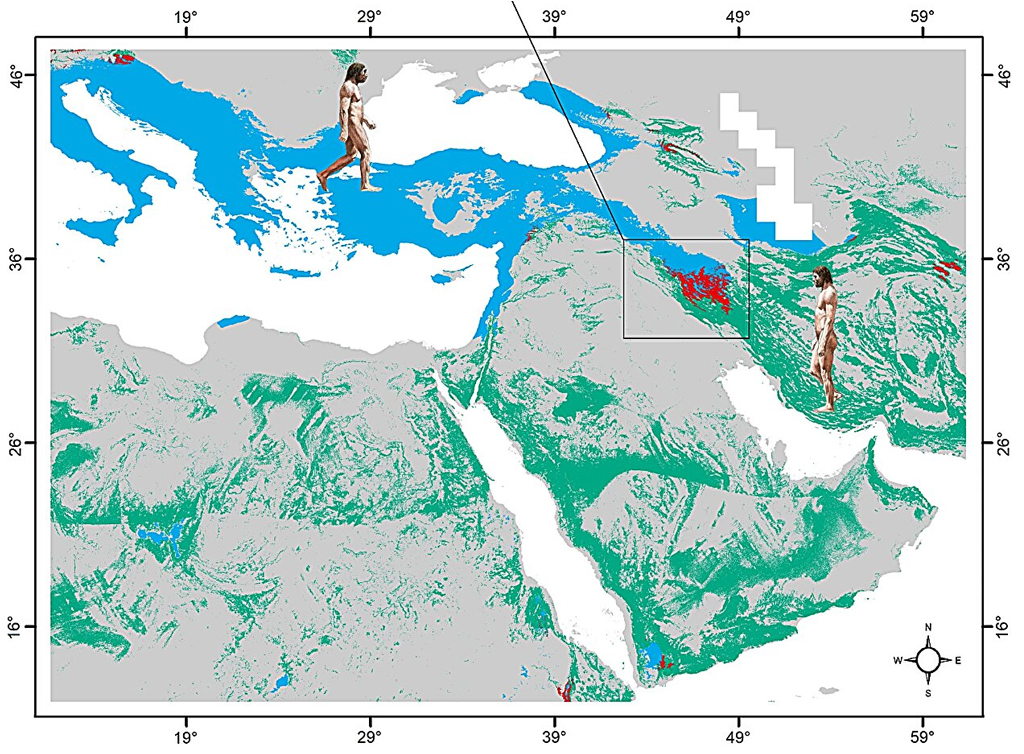 Modelos de adequação de habitat das duas espécies de Homo e suas potenciais zonas de contato e cruzamento no sudoeste da Ásia e no sudeste da Europa.