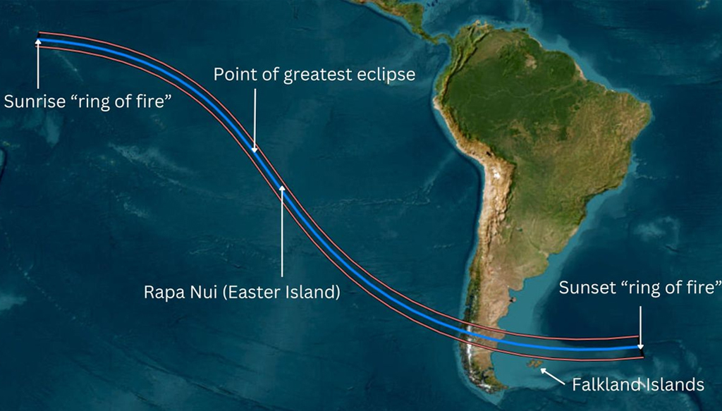 O caminho global do eclipse solar anular do 'anel de fogo' em 2 de outubro de 2024.