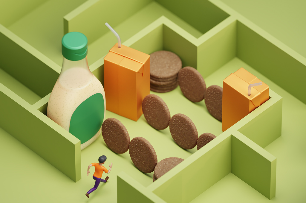 Ilustração de pessoa em miniatura entrando num labirinto verde e encontrando biscoitos, sucos de caixinha e molho pelo caminho.