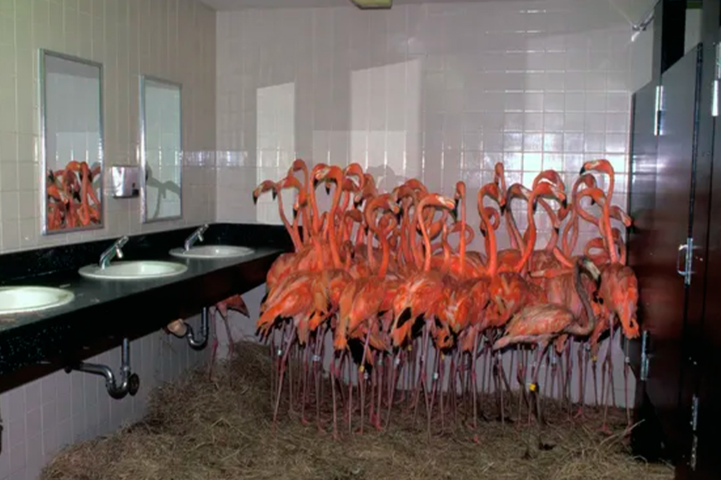 Foto dos flamingos se abrigar no banheiros do zoológico após o furacão monstruoso de categoria 5.