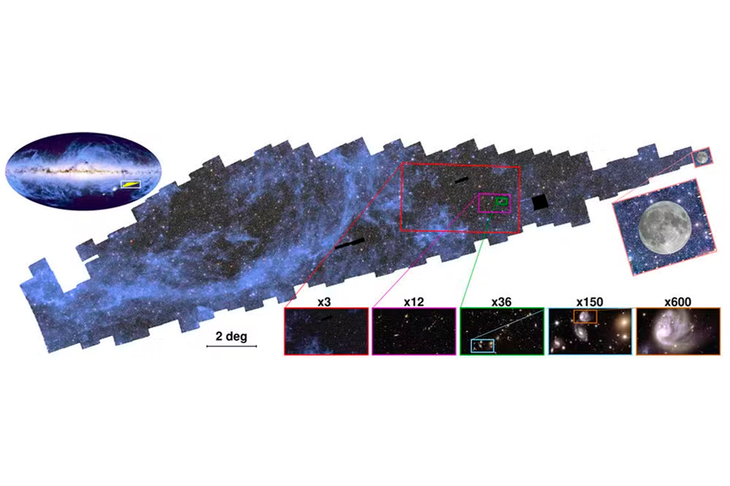 Imagem ampliada do mosaico de 208 gigapixels contendo cerca de 14 milhões de galáxias e cobrindo uma parte do céu do sul mais de 500 vezes a área da Lua cheia vista da Terra.