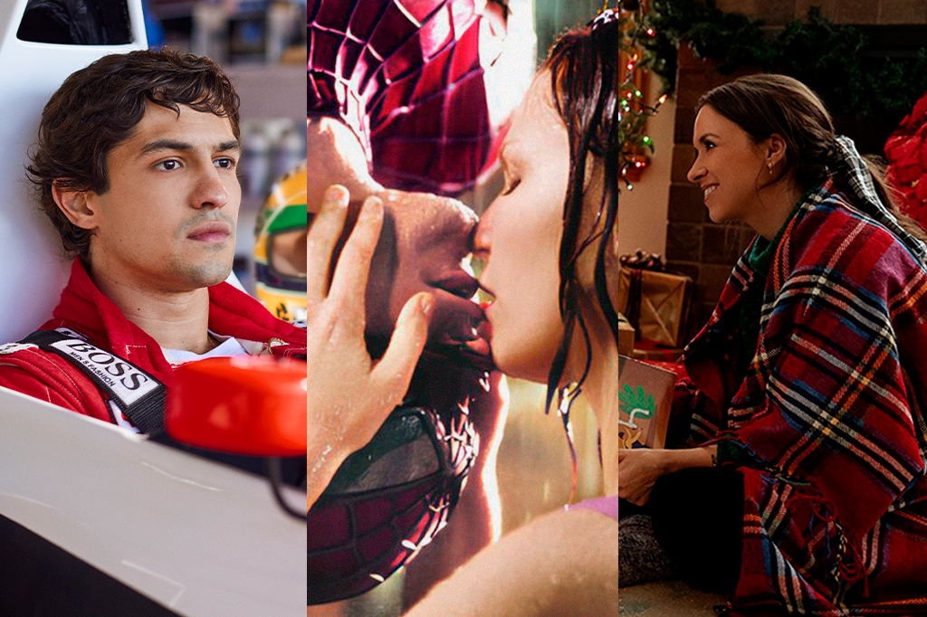 Montagem com três captura de tela de série e filmes "Senna", "Homem Aranha" e "Um Amor Feito de Neve".