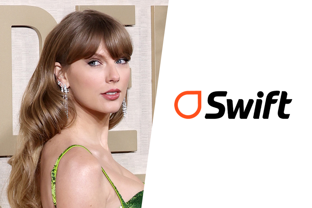 Composição feita com logomarca da empresa Swift Foods Company e a cantora Taylor Swift.