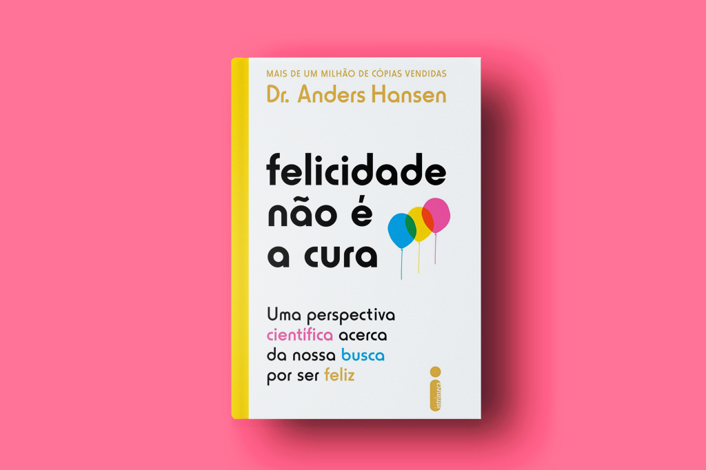 SI_468_Playlist_Felicidade Imagem do livro Felicidade nãe é acura, de Andres Hansen, em fundo rosa claro.