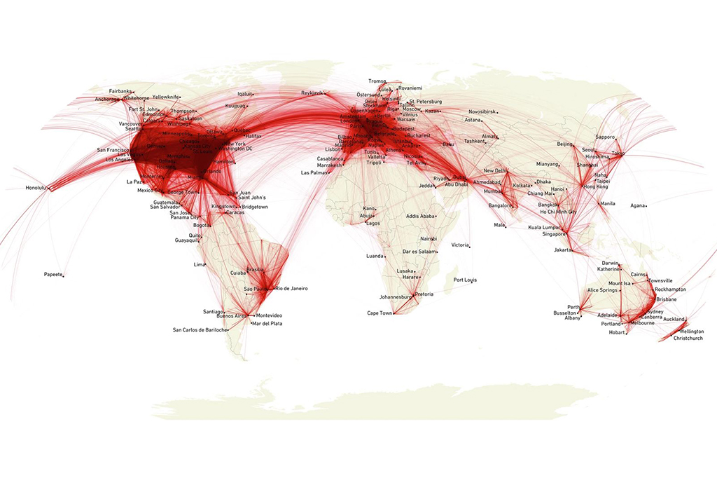 Imagem do Mapa-múndi, as linhas retratam conexões diretas entre pares de cidades, considerando 4,3 milhões de voos.