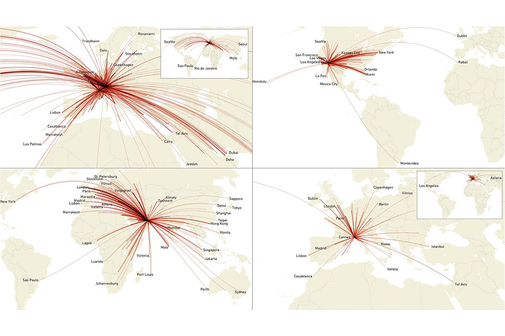 Imagem do Mapa-múndi, as linhas retratam conexões diretas entre pares de cidades.