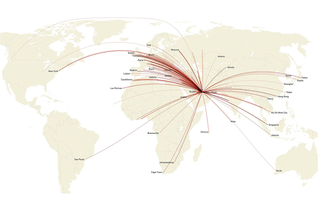 Imagem do Mapa-múndi, as linhas retratam conexões diretas entre pares de cidades.