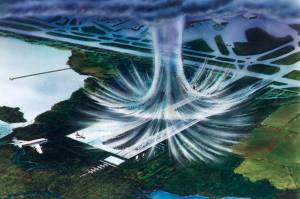 Ilustração de uma microrrajada descendente (microburst). O ar desloca-se em sentido descendente até entrar em contacto com o solo, de onde se espalha de forma radial em todas as direções.