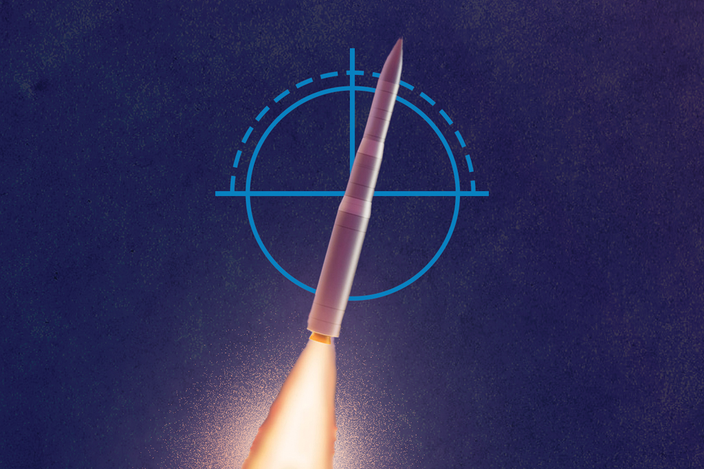 Imagem de um m&iacute;ssil nuclear num fundo azul.