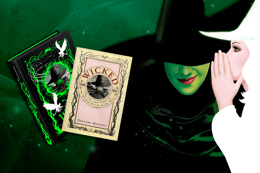 Montagem com as duas versões do livro Wicked e o poster oficial do Wicked musical.