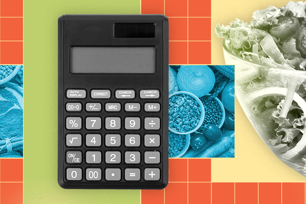 Colagem, com grid amarelo em fundo laranja, composta de uma calculadora, uma travessa de salada e um quadro com diversos alimentos.