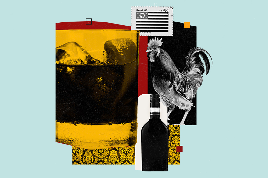 Colagem de fotos de um copo, um galo, uma garrafa de vinho e um selo da bandeira do estado de São Paulo.
