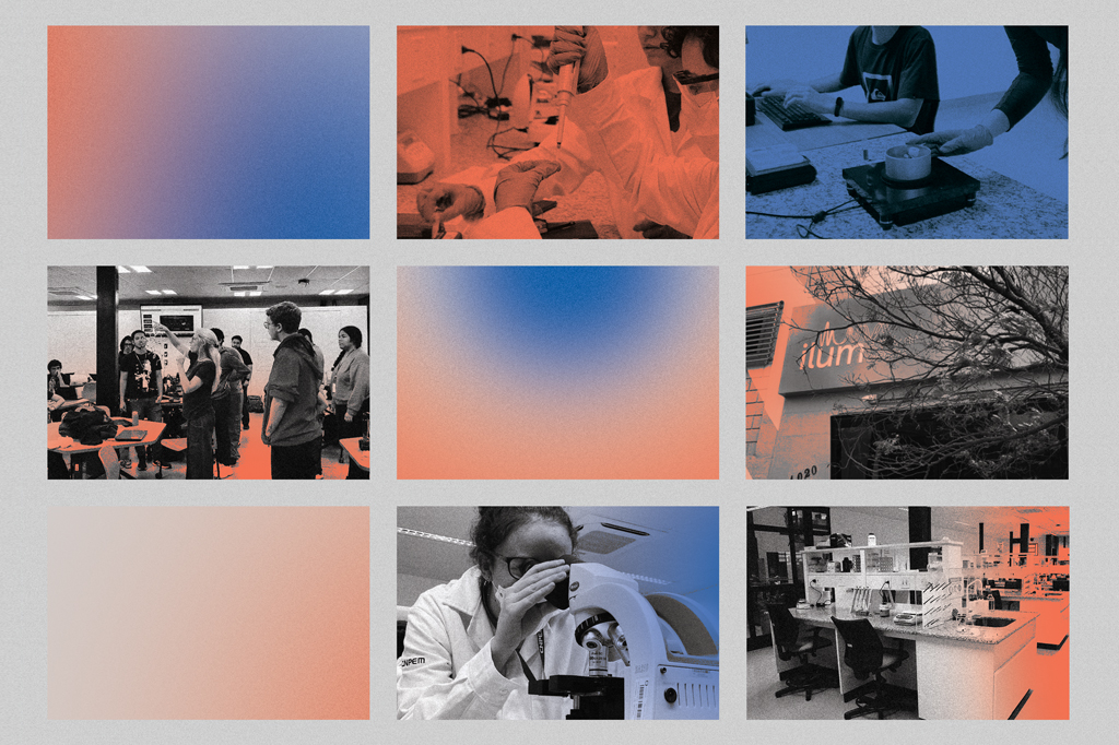 Mosaico, em fundo cinza, com fotos dos laboratórios e salas de aula.