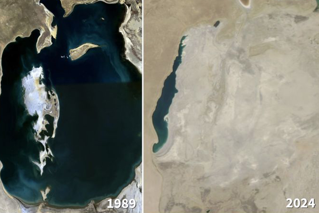 Imagem do Mar de Aral visto de satélites em 1989 em comparação com 2024.
