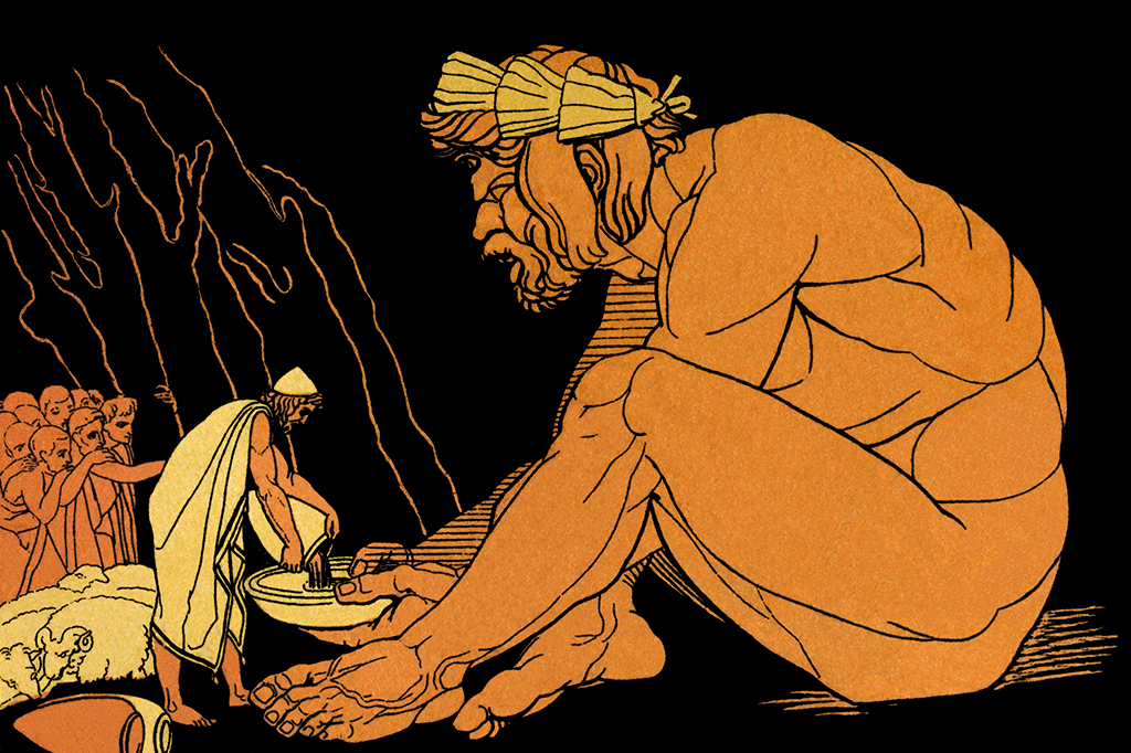 Ilustração do Ulisses dando vinho ao Ciclope Polifemo. Extraído de “Stories From Homer”