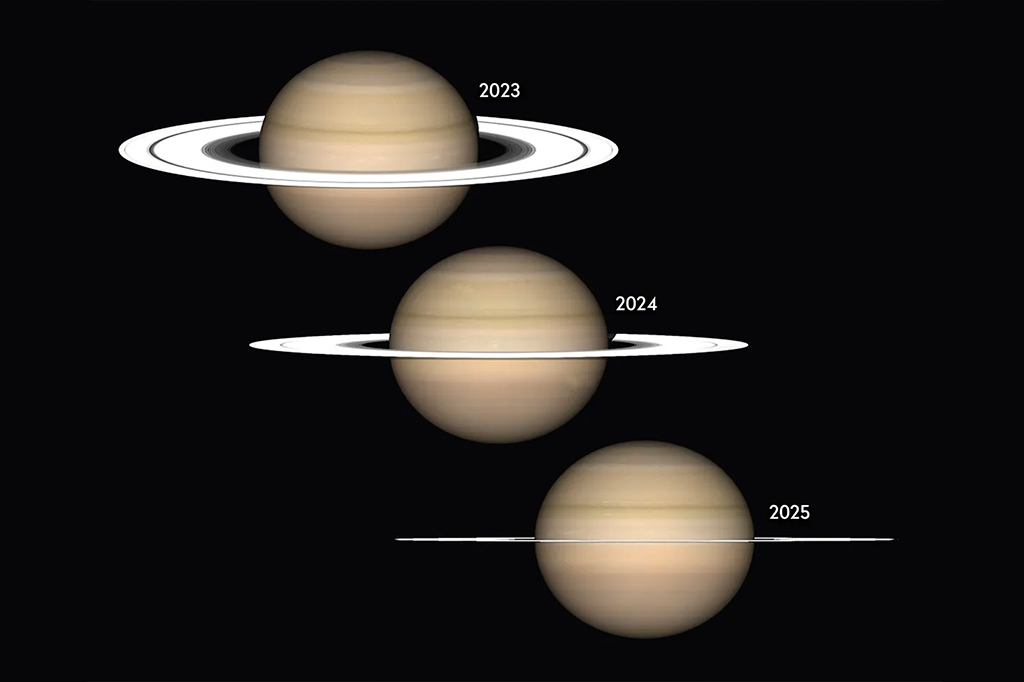 Imagem de Saturno, mostrando a diferen&ccedil;a dos an&eacute;is de Saturno entre 2023, 2024 e 2025.