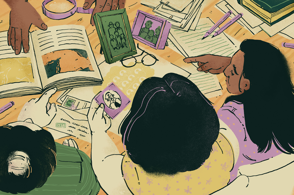 SI_472_Mórmons_3 Ilustração de pessoas reunidas em torno de fotografias e livros.