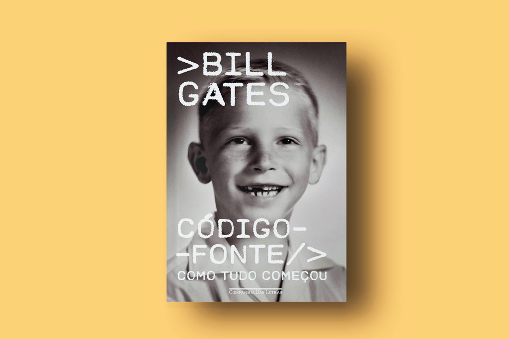 Capa do livro Código-fonte: como tudo começou, em fundo amarelo.