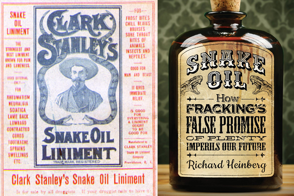 Fotografia do anúncio de jornal do Snake Oil com uma imagem do frasco do Snake Oil ao lado.