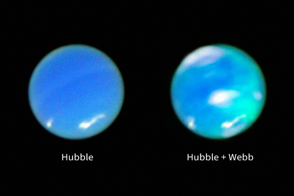 À esquerda, uma imagem de Netuno em cores aprimoradas do Telescópio Espacial Hubble da NASA. À direita, essa imagem é combinada com dados do Telescópio Espacial James Webb da NASA. As manchas ciano, que representam atividade auroral, e nuvens brancas, são dados do Espectrógrafo de Infravermelho Próximo (NIRSpec) do Webb, sobrepostos à imagem completa do planeta da Câmera de Campo Amplo 3 do Hubble.