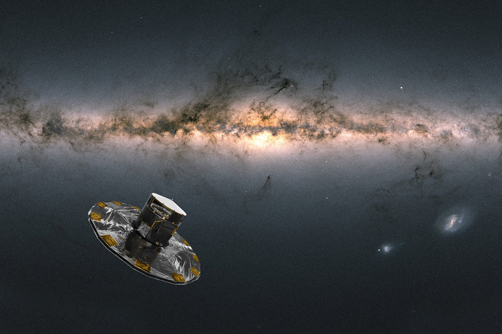 Impressão artística da nave espacial Gaia em frente à imagem real do céu Gaia.