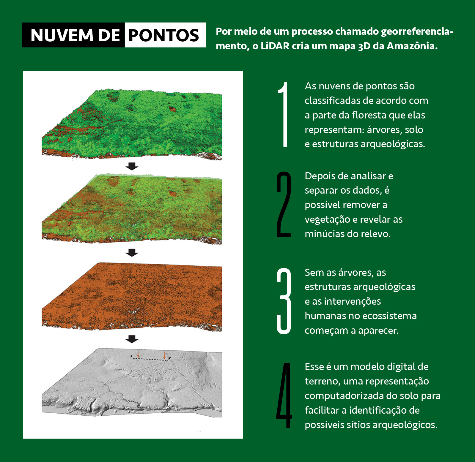 Infográfico, em fundo verde bandeira, explicando o funcionamento do sistema a laser do projeto LiDAR para criação de um mapa em 3D.