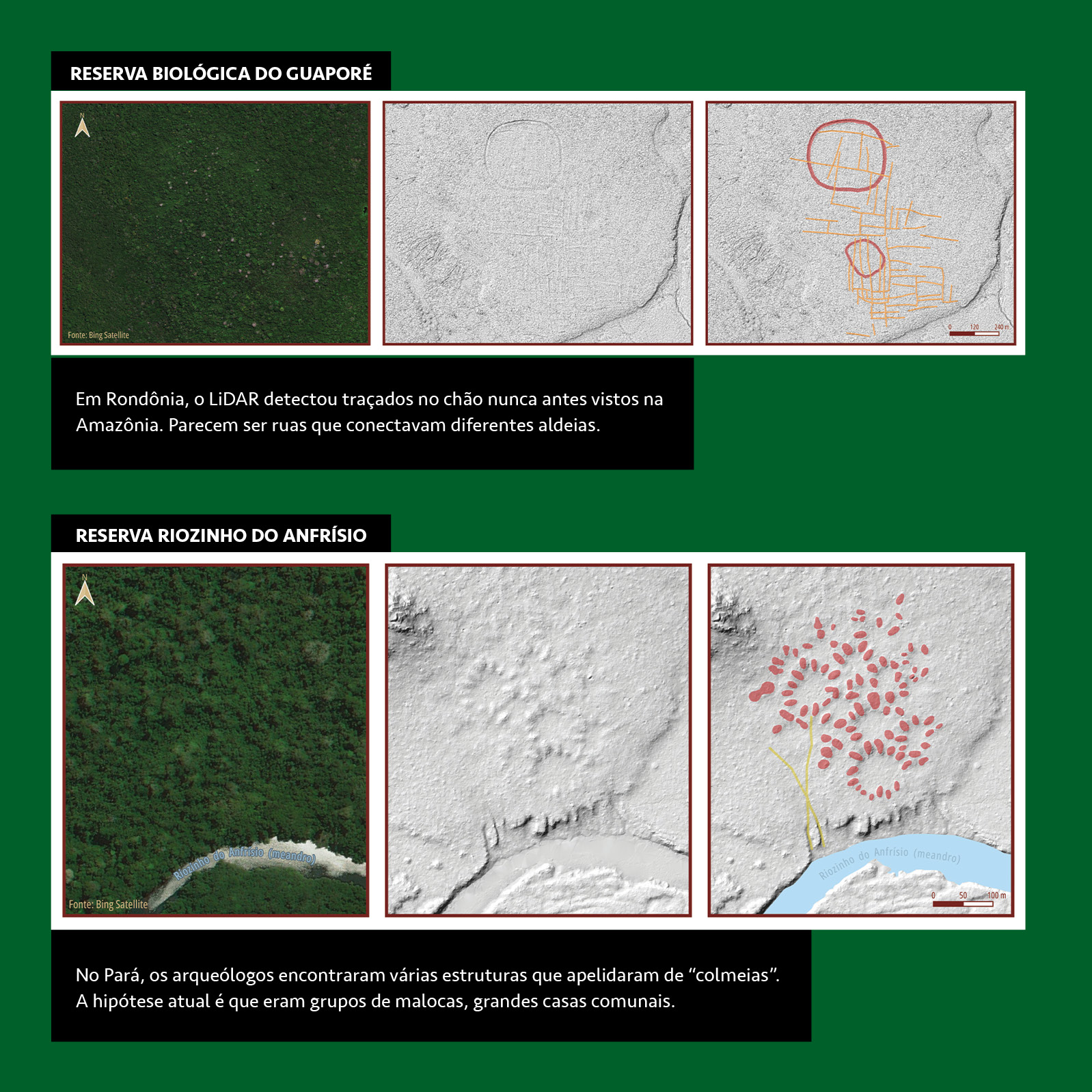 Infográfico, em fundo verde bandeira, explicando o funcionamento do sistema a laser de mapeamento projeto LiDAR. A partir da foto original, é possível detectar a presença humana no meio da floresta.