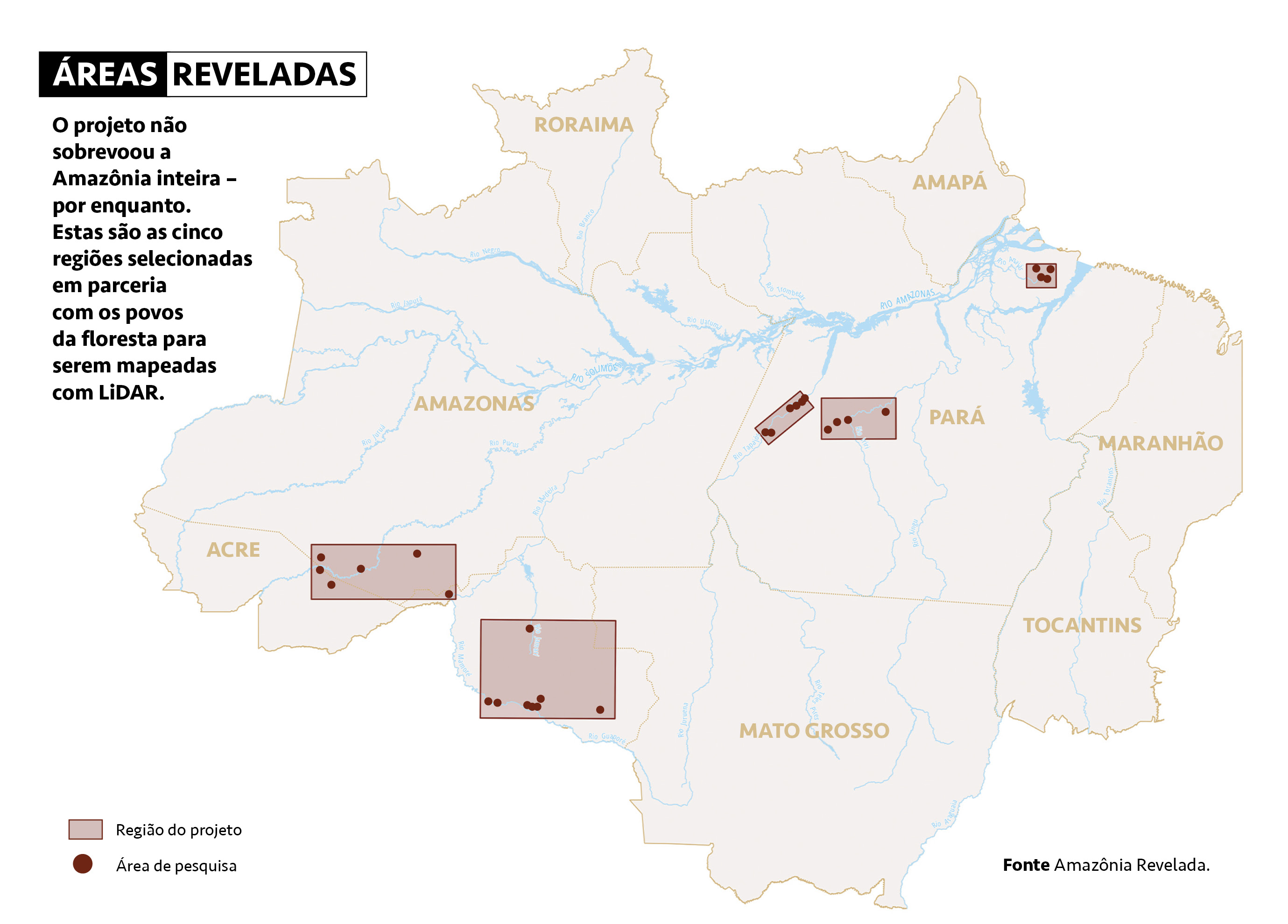 Mapa, em branco, da região amazônica, com o registro de regiões monitoradas pelo projeto LiDAR.