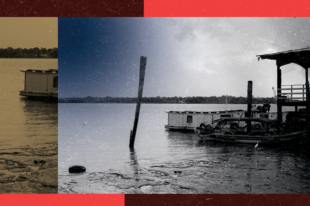 Imagem de um pequeno barco, ancorado num cais, no Rio Amazonas.