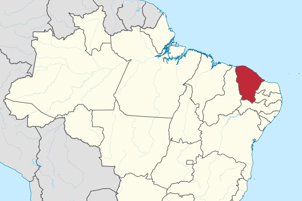 Imagem com o mapa político do Brasil. Com destaque no estado do Ceará.