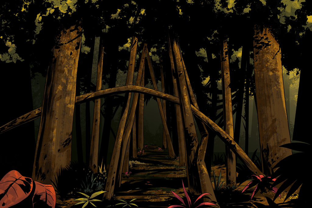 Ilustração de um bosque no interior da floresta amazônica.