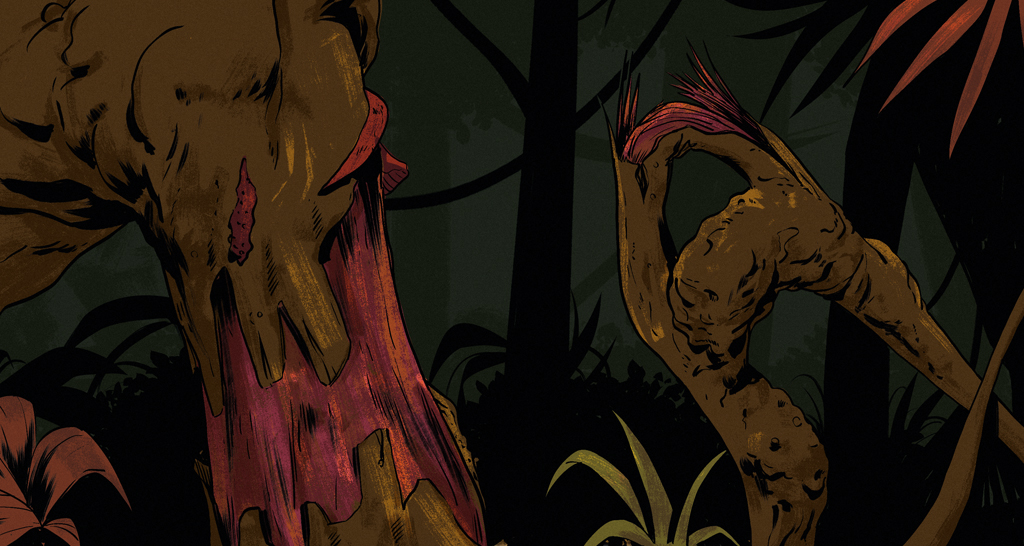 Ilustração de um tronco de árvore quebrado num bosque no interior da floresta amazônica.