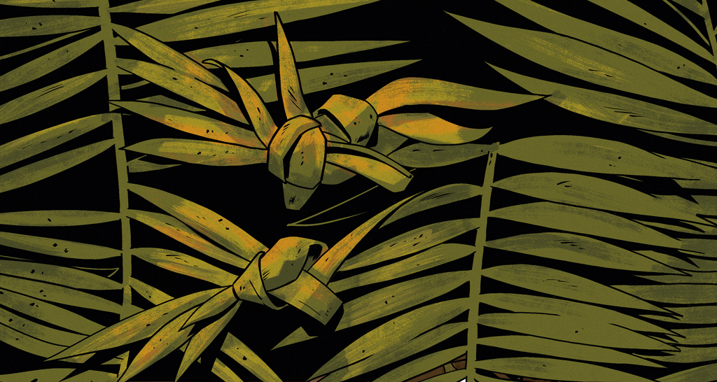 Ilustração de folhas de plantas usadas para fazer cestos no interior da floresta amazônica.